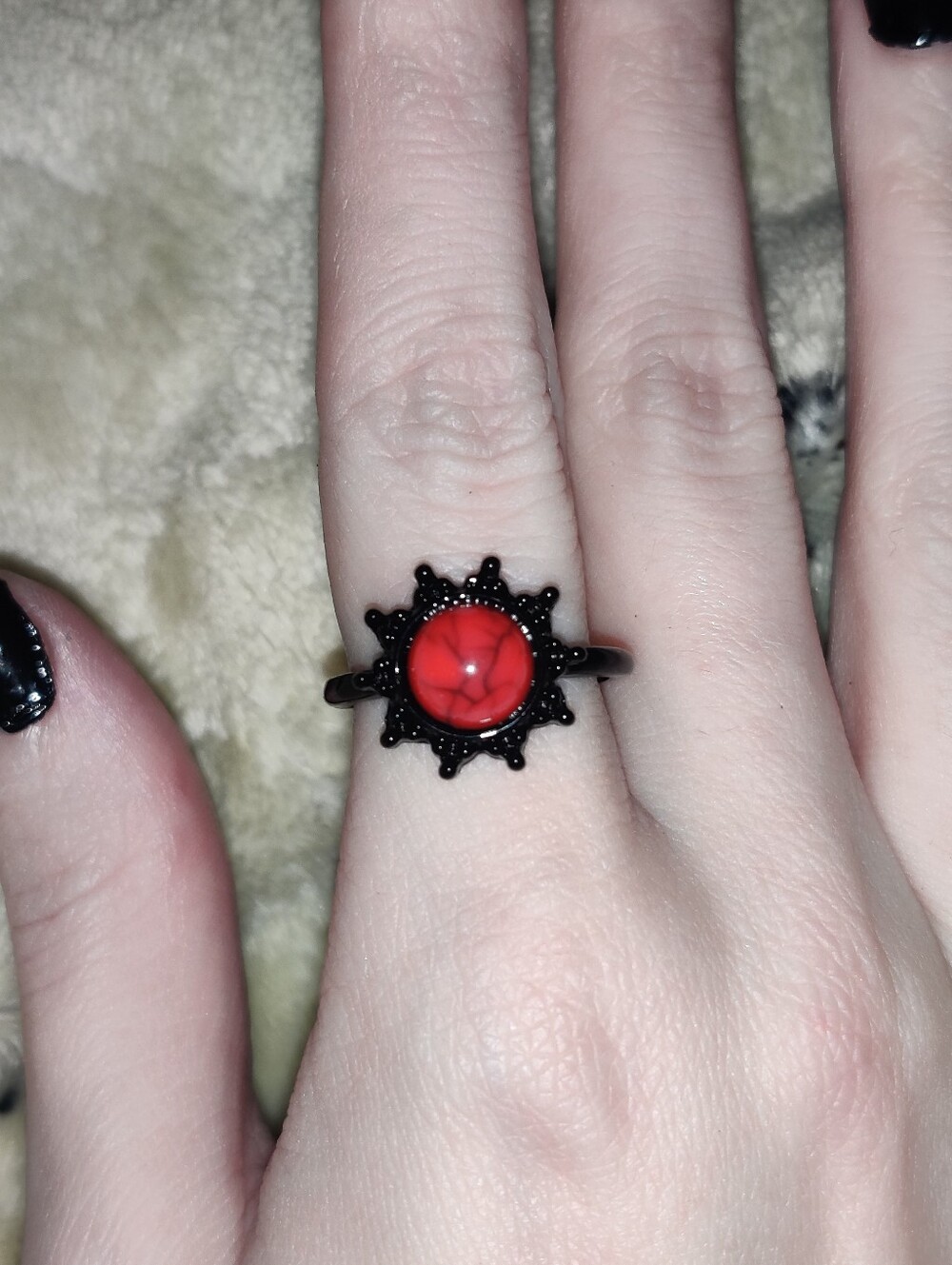Gothic Red Sun Black Metal Ring Size 6